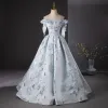 Chic / Beautiful Grey Embroidered Prom Dresses Ball Gown 2024 Off-The-Shoulder Sleeveless Backless Floor-Length / Long Prom Formal Dresses