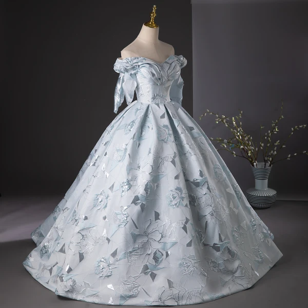 Chic / Beautiful Grey Embroidered Prom Dresses Ball Gown 2024 Off-The-Shoulder Sleeveless Backless Floor-Length / Long Prom Formal Dresses
