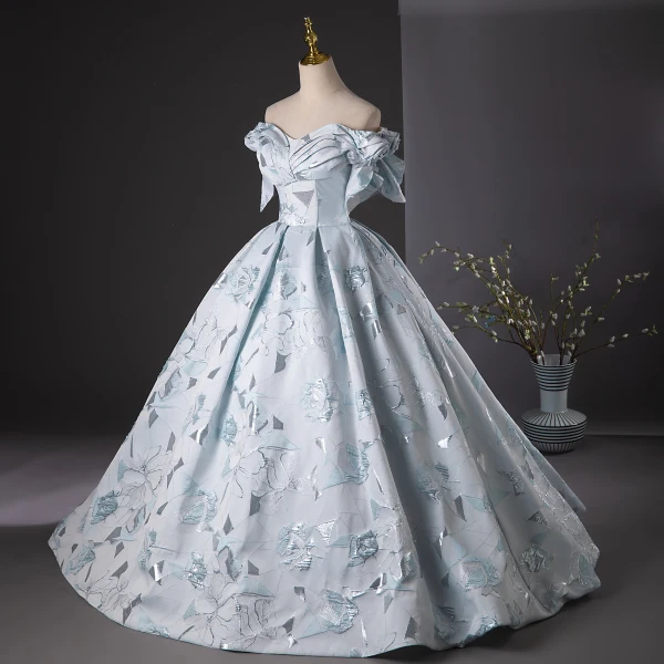 Chic / Beautiful Grey Embroidered Prom Dresses Ball Gown 2024 Off-The-Shoulder Sleeveless Backless Floor-Length / Long Prom Formal Dresses