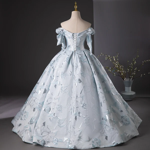 Chic / Beautiful Grey Embroidered Prom Dresses Ball Gown 2024 Off-The-Shoulder Sleeveless Backless Floor-Length / Long Prom Formal Dresses