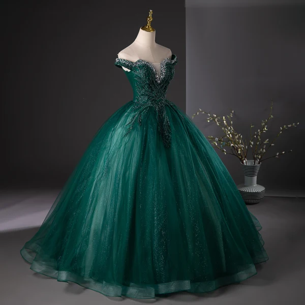 Vintage / Retro Dark Green Beading Sequins Lace Flower Prom Dresses 2024 Off-The-Shoulder Ball Gown Sleeveless Backless Floor-Length / Long Prom Formal Dresses