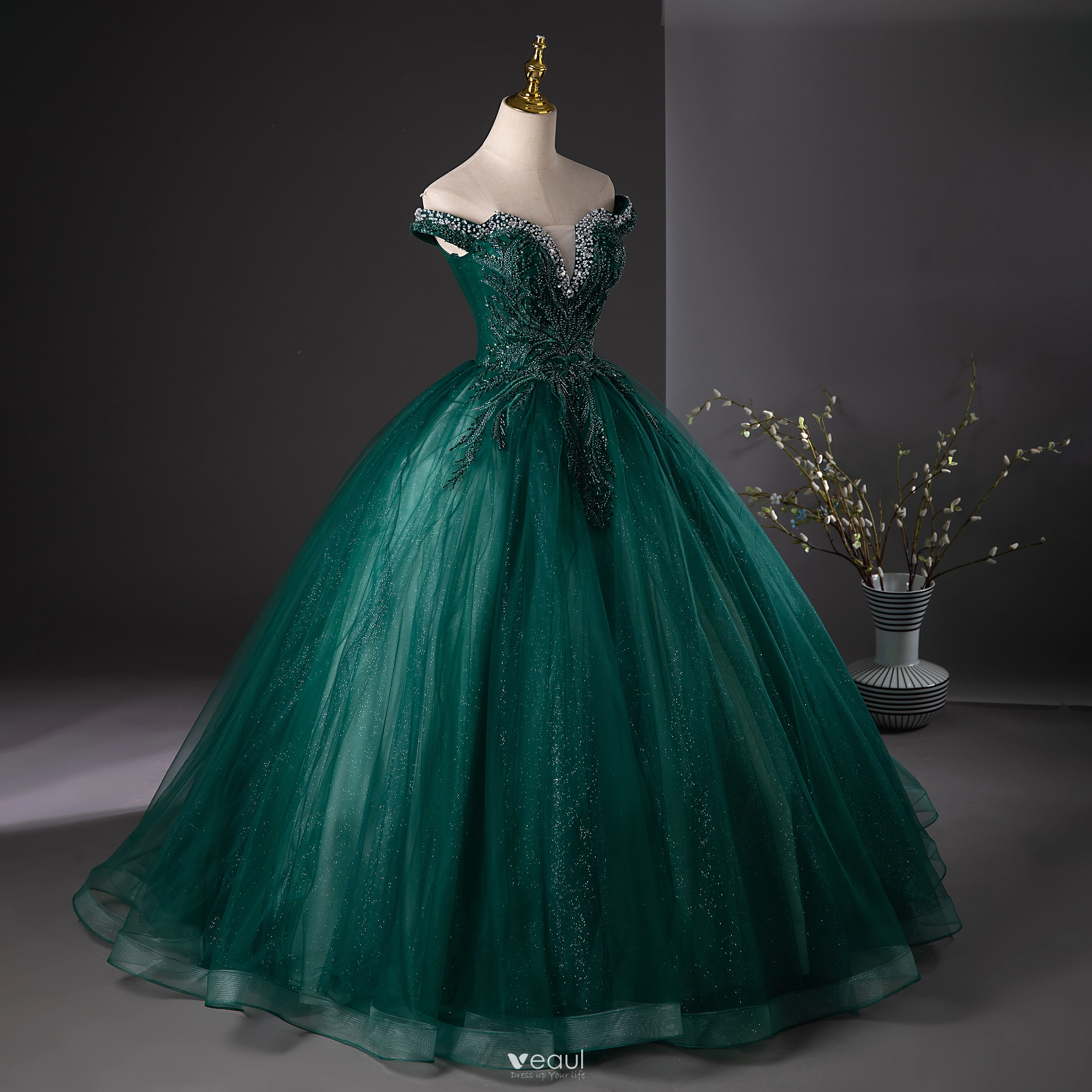 Vintage / Retro Dark Green Beading Sequins Lace Flower Prom Dresses 2024  Off-The-Shoulder Ball Gown Sleeveless Backless Floor-Length / Long Prom  Formal Dresses