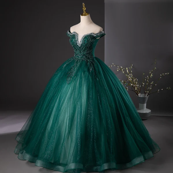 Vintage / Retro Dark Green Beading Sequins Lace Flower Prom Dresses 2024 Off-The-Shoulder Ball Gown Sleeveless Backless Floor-Length / Long Prom Formal Dresses
