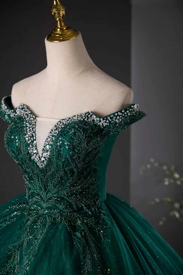 Vintage / Retro Dark Green Beading Sequins Lace Flower Prom Dresses 2024 Off-The-Shoulder Ball Gown Sleeveless Backless Floor-Length / Long Prom Formal Dresses