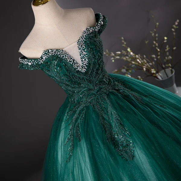 Vintage / Retro Dark Green Beading Sequins Lace Flower Prom Dresses 2024 Off-The-Shoulder Ball Gown Sleeveless Backless Floor-Length / Long Prom Formal Dresses