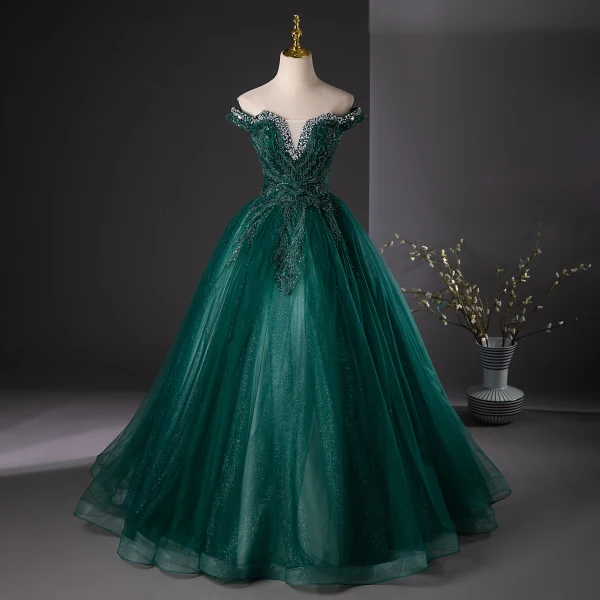 Vintage / Retro Dark Green Beading Sequins Lace Flower Prom Dresses 2024 Off-The-Shoulder Ball Gown Sleeveless Backless Floor-Length / Long Prom Formal Dresses