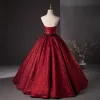 Chic / Beautiful Burgundy Prom Dresses Ball Gown 2024 Strapless Sleeveless Backless Bow Sash Floor-Length / Long Prom Formal Dresses