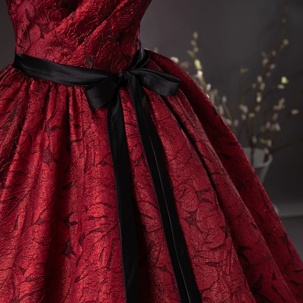 Chic / Beautiful Burgundy Prom Dresses Ball Gown 2024 Strapless Sleeveless Backless Bow Sash Floor-Length / Long Prom Formal Dresses