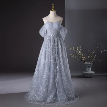 Charming Grey Beading Sequins Prom Dresses 2024 A Line Princess Off The Shoulder Short Sleeve Backless Floor Length Long Prom Formal Dresses