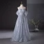 Charmant Grau Perlenstickerei Pailletten Ballkleider 2024 A Linie Off Shoulder Kurze Ärmel Rückenfreies Lange Ball Festliche Kleider