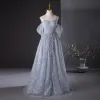 Charming Grey Beading Sequins Prom Dresses 2024 A-Line / Princess Off-The-Shoulder Short Sleeve Backless Floor-Length / Long Prom Formal Dresses