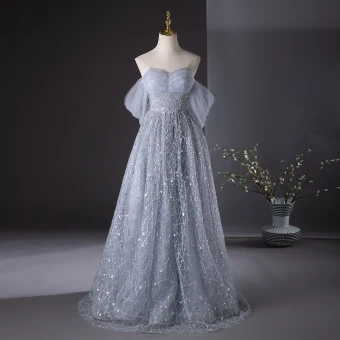 Charming Grey Beading Sequins Prom Dresses 2024 A Line Princess Off The Shoulder Short Sleeve Backless Floor Length Long Prom Formal Dresses