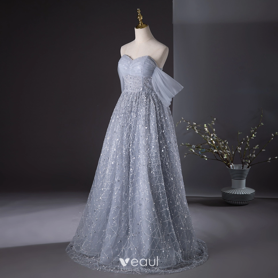 Charming Grey Beading Sequins Prom Dresses 2024 A-Line / Princess Off-The-Shoulder Short Sleeve Backless Floor-Length / Long Prom Formal Dresses Charming Grey Beading Sequins Prom Dresses 2024 A-Line / Princess Off-The-Shoulder Short Sleeve Backless Floor-Length / Long Prom Formal Dresses