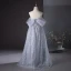 Charmant Grau Perlenstickerei Pailletten Ballkleider 2024 A Linie Off Shoulder Kurze Ärmel Rückenfreies Lange Ball Festliche Kleider