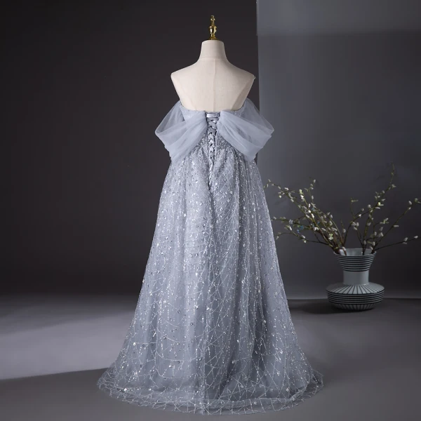 slim fit dress slacks Plus Size Gray Sequin V-Neck Long Sleeve Mermaid Prom Dress – Modsele main image 1