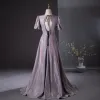 Bling Bling Lilac Glitter Prom Dresses 2024 A-Line / Princess V-Neck Puffy Short Sleeve Backless Sweep Train Prom Formal Dresses