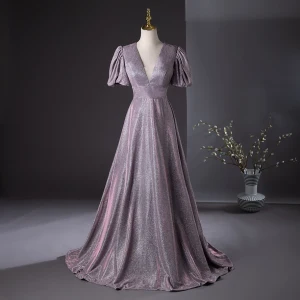 Bling Bling Lilas Glitter Robe De Bal 2024 Princesse V Cou Gonflée Manches Courtes Dos Nu Train De Balayage Promo Robe De Ceremonie