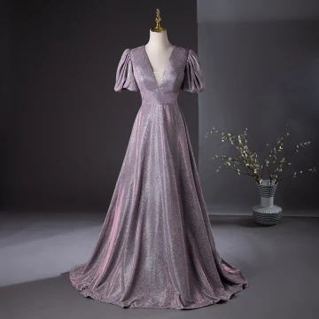 Bling Bling Lilas Glitter Robe De Bal 2024 Princesse V Cou Gonflée Manches Courtes Dos Nu Train De Balayage Promo Robe De Ceremonie