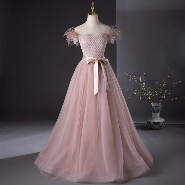 Chic / Beautiful Blushing Pink Beading Tassel Prom Dresses 2024 A-Line / Princess Strapless Sleeveless Backless Bow Sash Floor-Length / Long Prom Formal Dresses