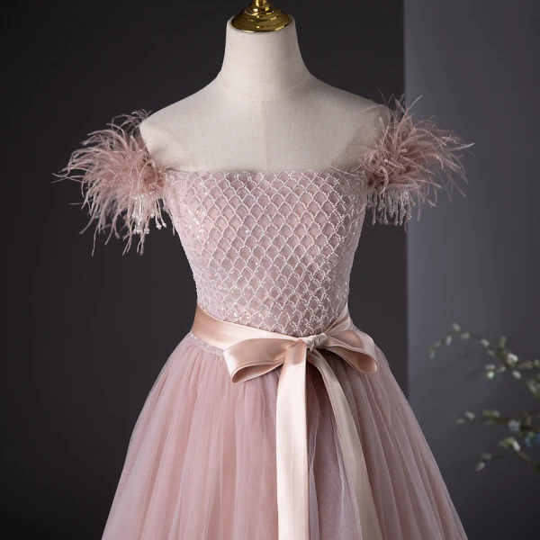 Chic / Beautiful Blushing Pink Beading Tassel Prom Dresses 2024 A-Line / Princess Strapless Sleeveless Backless Bow Sash Floor-Length / Long Prom Formal Dresses