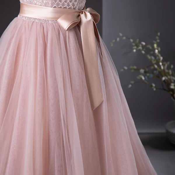 Chic / Beautiful Blushing Pink Beading Tassel Prom Dresses 2024 A-Line / Princess Strapless Sleeveless Backless Bow Sash Floor-Length / Long Prom Formal Dresses