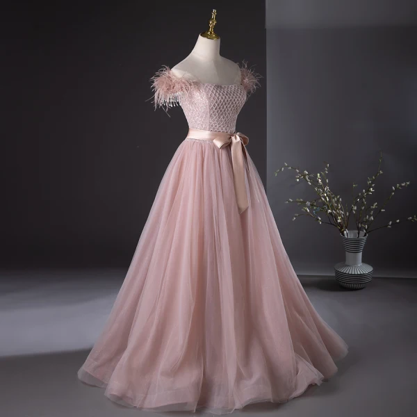 Chic / Beautiful Blushing Pink Beading Tassel Prom Dresses 2024 A-Line / Princess Strapless Sleeveless Backless Bow Sash Floor-Length / Long Prom Formal Dresses