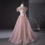 Chic / Beautiful Blushing Pink Beading Tassel Prom Dresses 2024 A-Line / Princess Strapless Sleeveless Backless Bow Sash Floor-Length / Long Prom Formal Dresses