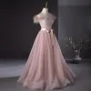 Chic / Beautiful Blushing Pink Beading Tassel Prom Dresses 2024 A-Line / Princess Strapless Sleeveless Backless Bow Sash Floor-Length / Long Prom Formal Dresses