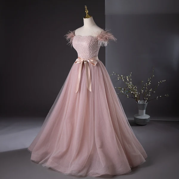 Chic / Beautiful Blushing Pink Beading Tassel Prom Dresses 2024 A-Line / Princess Strapless Sleeveless Backless Bow Sash Floor-Length / Long Prom Formal Dresses