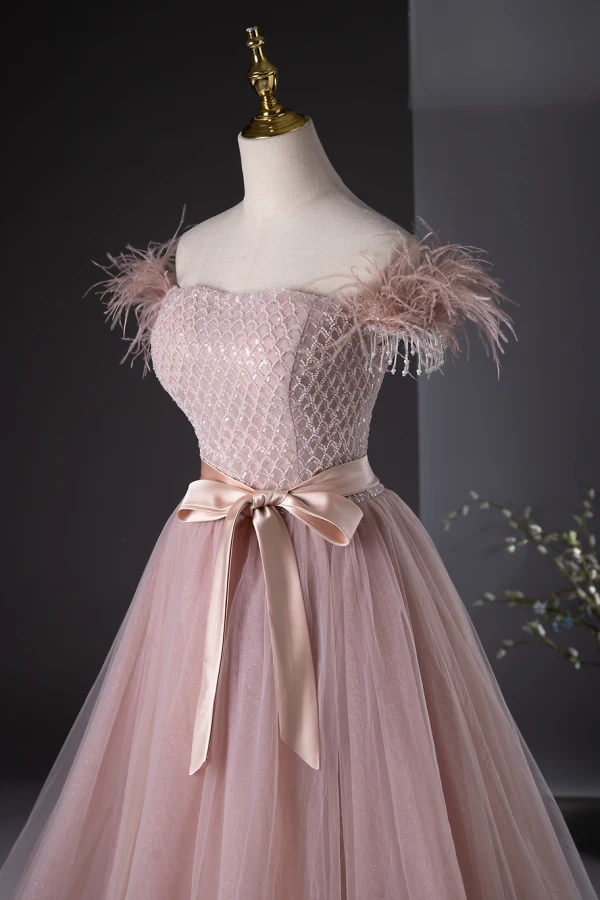 Chic / Beautiful Blushing Pink Beading Tassel Prom Dresses 2024 A-Line / Princess Strapless Sleeveless Backless Bow Sash Floor-Length / Long Prom Formal Dresses
