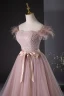Chic / Beautiful Blushing Pink Beading Tassel Prom Dresses 2024 A-Line / Princess Strapless Sleeveless Backless Bow Sash Floor-Length / Long Prom Formal Dresses