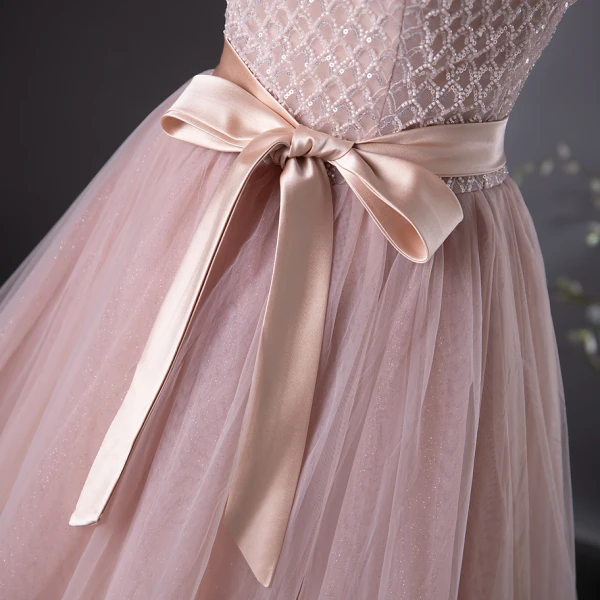Chic / Beautiful Blushing Pink Beading Tassel Prom Dresses 2024 A-Line / Princess Strapless Sleeveless Backless Bow Sash Floor-Length / Long Prom Formal Dresses