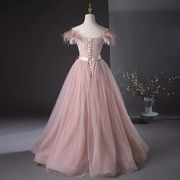 Chic / Beautiful Blushing Pink Beading Tassel Prom Dresses 2024 A-Line / Princess Strapless Sleeveless Backless Bow Sash Floor-Length / Long Prom Formal Dresses