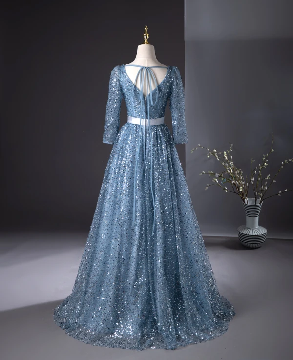 Bling Bling Bleu Ciel Perlage Paillettes Robe De Bal 2024 Princesse Encolure Carrée 1/2 Manches Dos Nu Noeud Longue Promo Robe De Ceremonie