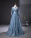 Bling Bling Bleu Ciel Perlage Paillettes Robe De Bal 2024 Princesse Encolure Carrée 1/2 Manches Dos Nu Noeud Longue Promo Robe De Ceremonie