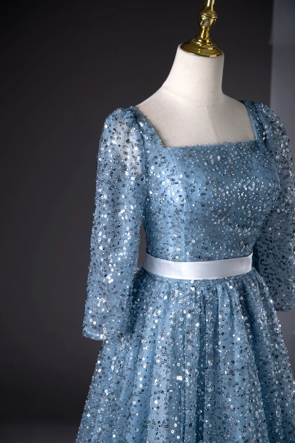 Bling Bling Bleu Ciel Perlage Paillettes Robe De Bal 2024 Princesse Encolure Carrée 1/2 Manches Dos Nu Noeud Longue Promo Robe De Ceremonie