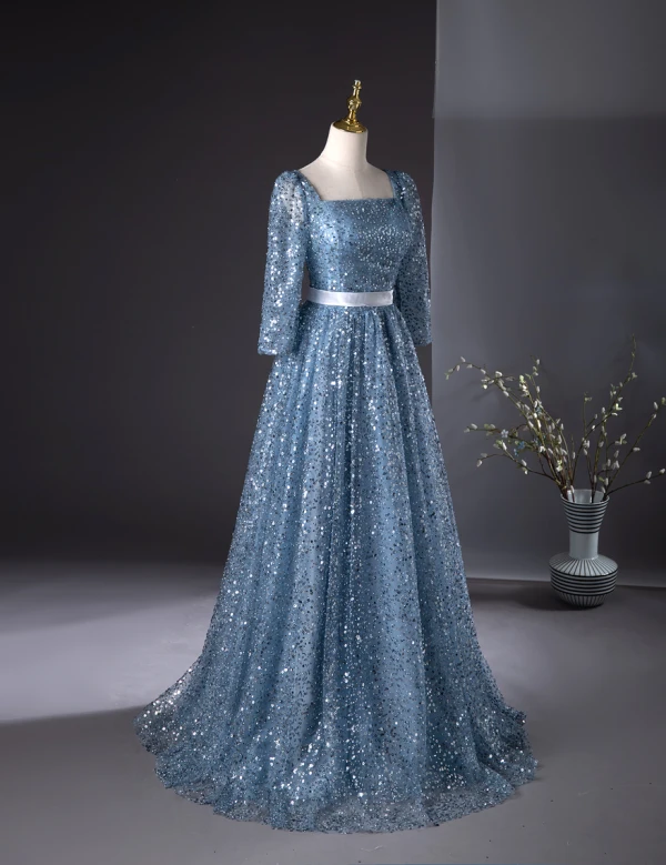 Bling Bling Bleu Ciel Perlage Paillettes Robe De Bal 2024 Princesse Encolure Carrée 1/2 Manches Dos Nu Noeud Longue Promo Robe De Ceremonie
