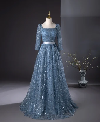 Bling Bling Sky Blue Beading Sequins Prom Dresses 2024 A Line Princess Square Neckline 1 2 Sleeves Backless Bow Floor Length Long Prom Formal Dresses