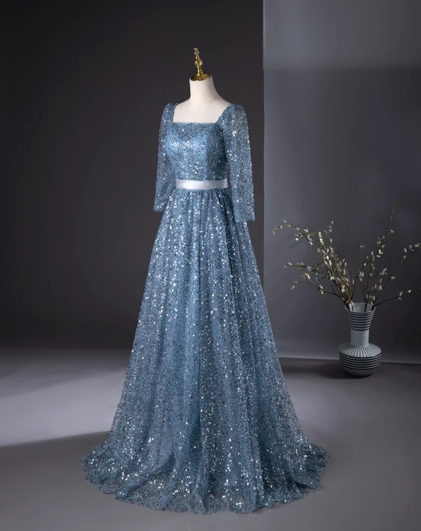 Bling Bling Bleu Ciel Perlage Paillettes Robe De Bal 2024 Princesse Encolure Carrée 1/2 Manches Dos Nu Noeud Longue Promo Robe De Ceremonie