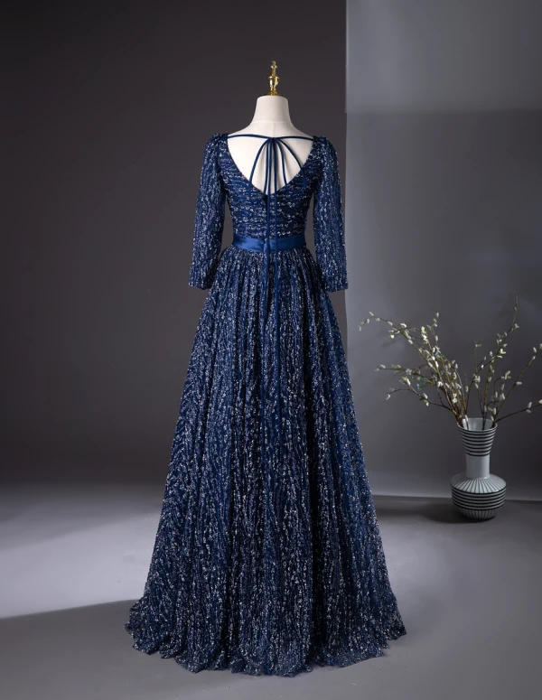 Vintage / Originale Bleu Marine Glitter Paillettes Robe De Bal 2024 Princesse Encolure Carrée 3/4 Manches Dos Nu Noeud Longue Promo Robe De Ceremonie