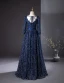 Vintage / Originale Bleu Marine Glitter Paillettes Robe De Bal 2024 Princesse Encolure Carrée 3/4 Manches Dos Nu Noeud Longue Promo Robe De Ceremonie