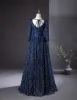 Vintage / Retro Navy Blue Glitter Sequins Prom Dresses 2024 A-Line / Princess Square Neckline 3/4 Sleeve Backless Bow Floor-Length / Long Prom Formal Dresses