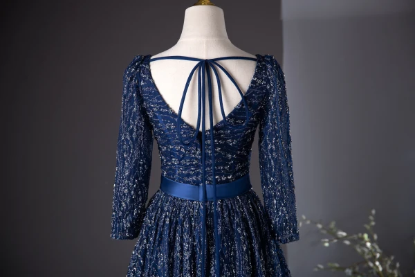 Vintage / Originale Bleu Marine Glitter Paillettes Robe De Bal 2024 Princesse Encolure Carrée 3/4 Manches Dos Nu Noeud Longue Promo Robe De Ceremonie