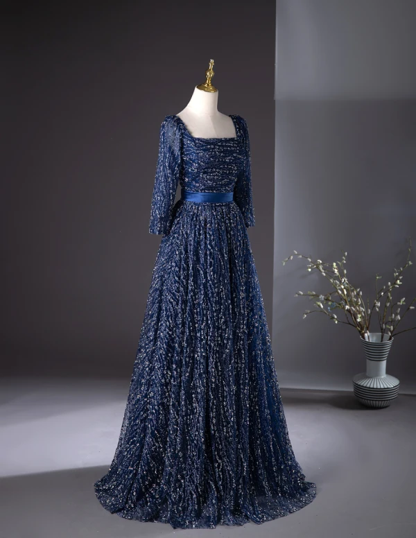 Vintage / Originale Bleu Marine Glitter Paillettes Robe De Bal 2024 Princesse Encolure Carrée 3/4 Manches Dos Nu Noeud Longue Promo Robe De Ceremonie