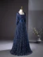 Vintage / Originale Bleu Marine Glitter Paillettes Robe De Bal 2024 Princesse Encolure Carrée 3/4 Manches Dos Nu Noeud Longue Promo Robe De Ceremonie