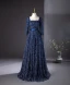 Vintage / Originale Bleu Marine Glitter Paillettes Robe De Bal 2024 Princesse Encolure Carrée 3/4 Manches Dos Nu Noeud Longue Promo Robe De Ceremonie