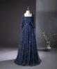 Vintage / Retro Navy Blue Glitter Sequins Prom Dresses 2024 A-Line / Princess Square Neckline 3/4 Sleeve Backless Bow Floor-Length / Long Prom Formal Dresses