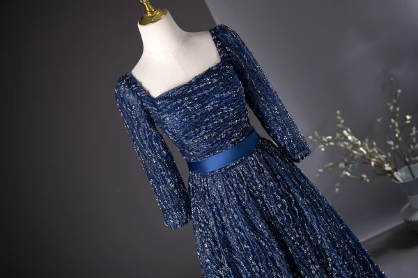 Vintage / Originale Bleu Marine Glitter Paillettes Robe De Bal 2024 Princesse Encolure Carrée 3/4 Manches Dos Nu Noeud Longue Promo Robe De Ceremonie