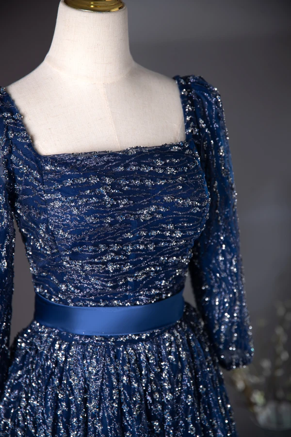 Vintage / Originale Bleu Marine Glitter Paillettes Robe De Bal 2024 Princesse Encolure Carrée 3/4 Manches Dos Nu Noeud Longue Promo Robe De Ceremonie