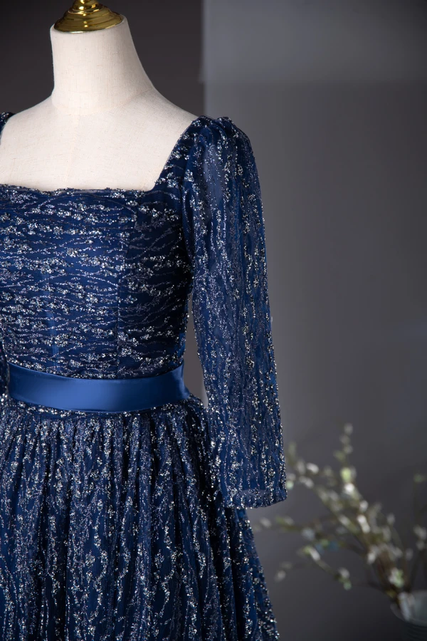 Vintage / Originale Bleu Marine Glitter Paillettes Robe De Bal 2024 Princesse Encolure Carrée 3/4 Manches Dos Nu Noeud Longue Promo Robe De Ceremonie